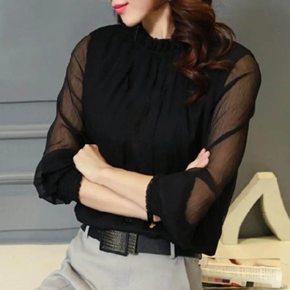 Women's Elegant Chiffon Blouse with Ruffle Collar And Elastic Cuffs Full Sleeve Solid Color Mesh Shirt