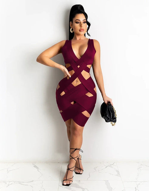 Load image into Gallery viewer, Sleeveless Tight Dress Hollow Out Sheath Mini Black Sexy Bodycon Dress Women