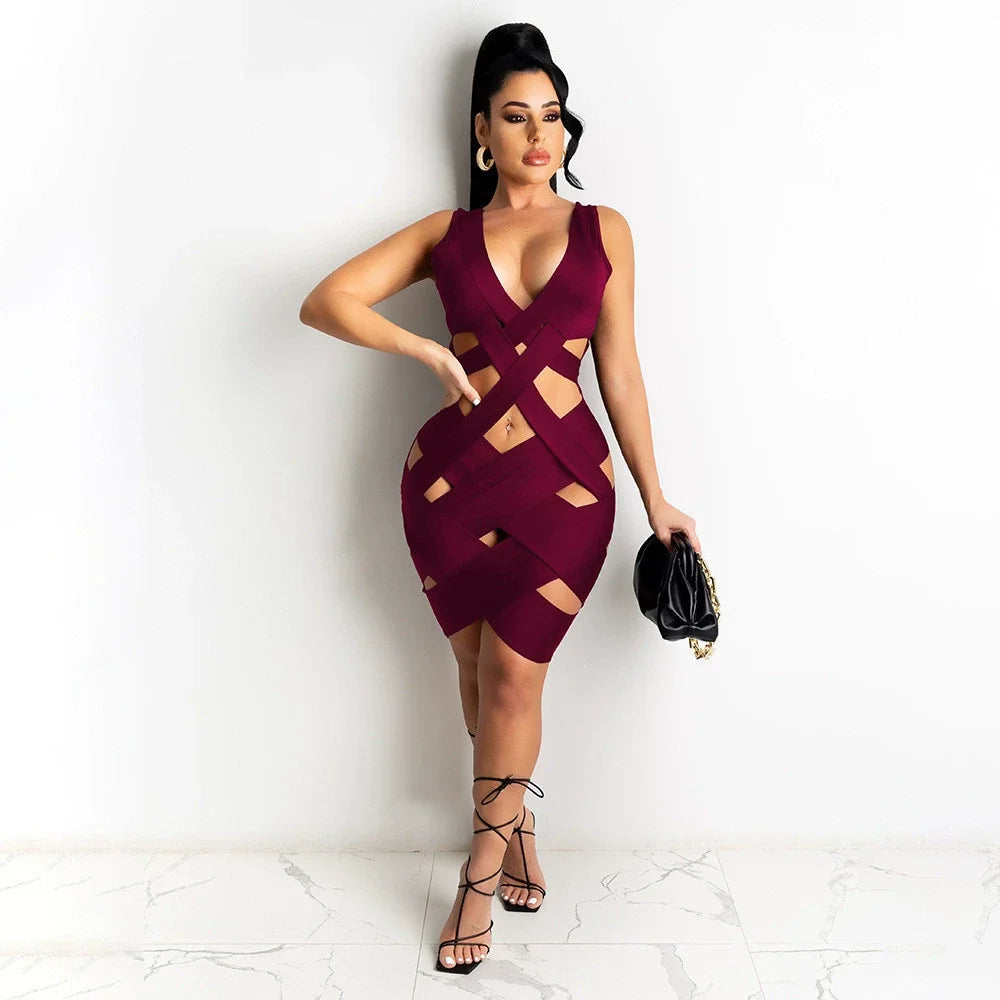 Sleeveless Tight Dress Hollow Out Sheath Mini Black Sexy Bodycon Dress Women