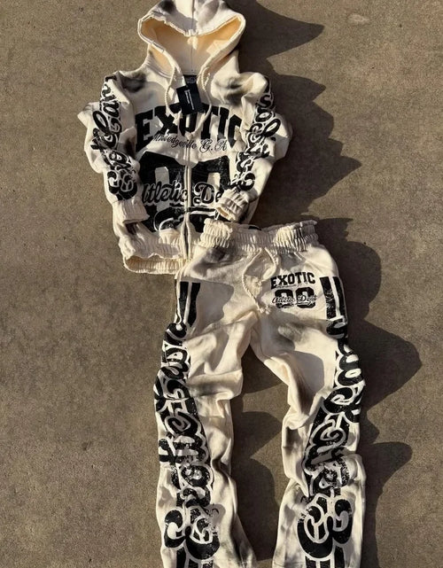 Load image into Gallery viewer, 2025 High Street Trendy Brand Fashion Letter Print Zipper Hoodie  Retro Hip Hop Rock Trousers Set Women