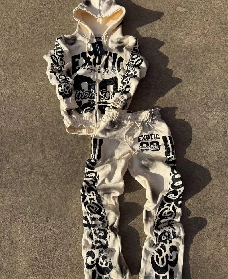 2025 High Street Trendy Brand Fashion Letter Print Zipper Hoodie  Retro Hip Hop Rock Trousers Set Women