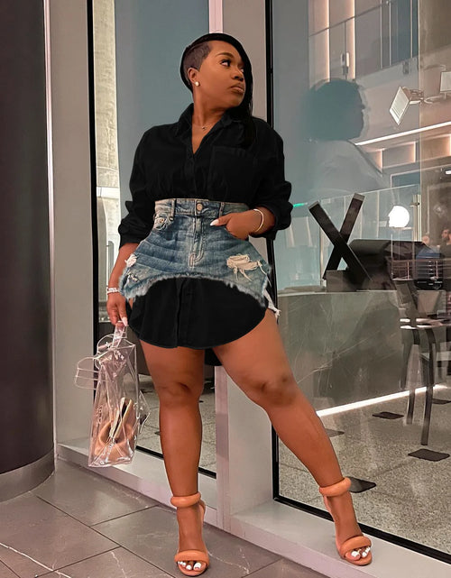 Load image into Gallery viewer, Solid Lapel Long Sleeve Single Breasted Shirt Dress and Irregular Denim Skirt