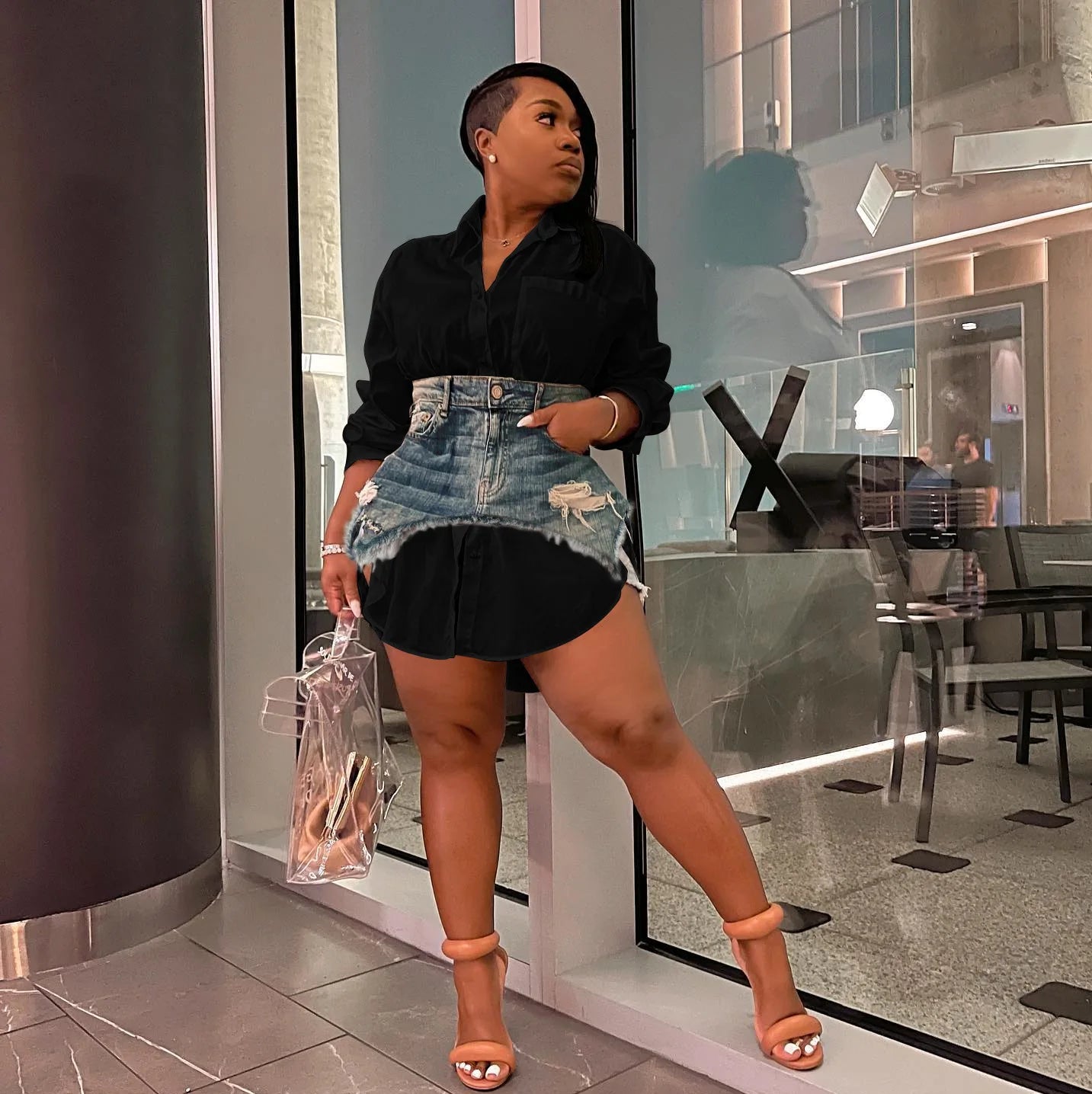 Solid Lapel Long Sleeve Single Breasted Shirt Dress and Irregular Denim Skirt