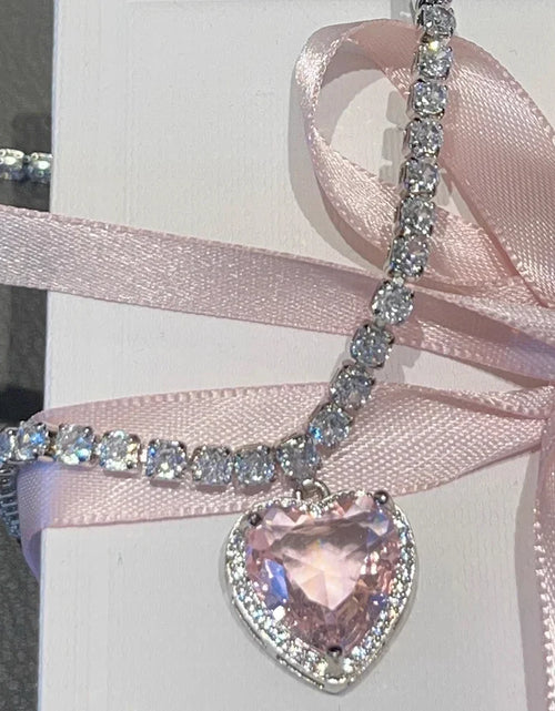 Load image into Gallery viewer, Rhinestone Pink Heart Pendant Necklace for Women Lovers Clavicle Chain Choker  Cute Crystal Moonstone