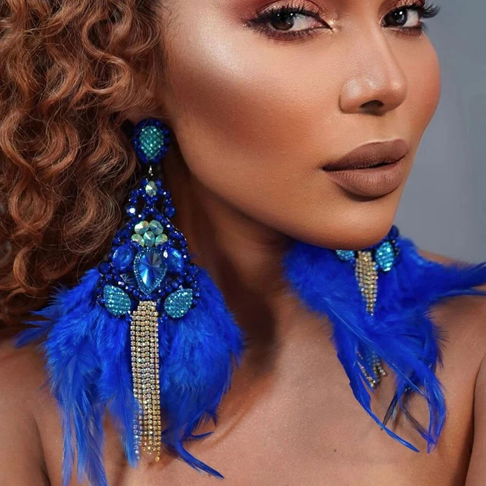 Bo ho Electric Blue Feather Tassel Dangling Earrings