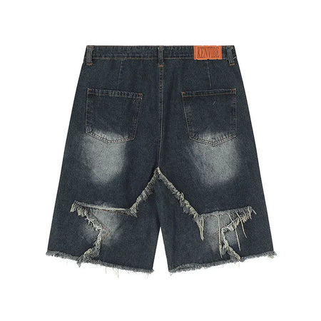 Men's Vintage Tassel Star Denim Shorts Loose Fit Hip Hop Summer Knee-Length Casual Jeans with Rivet Decoration