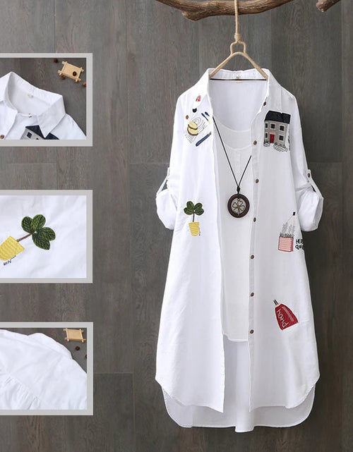 Load image into Gallery viewer, Women Cotton Embroidery Loose Long White Shirts 2023 Spring Autumn New Casual Office Lady Blouse Female Top Oversize 4XL Blouse