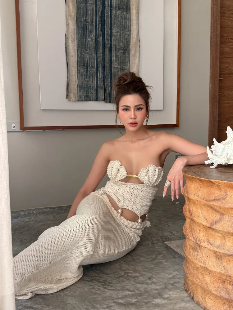 Crochet Knitted Pearl Bra Skirt Set ,Backless Hollow Out Short Top Twists Long Skirt
