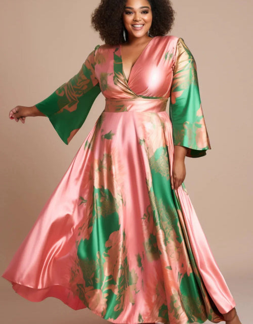 Load image into Gallery viewer, Women‘s Plus Size Satin Dress Pink Color block Flare Long Sleeve  V-Neck Maxi Dresses