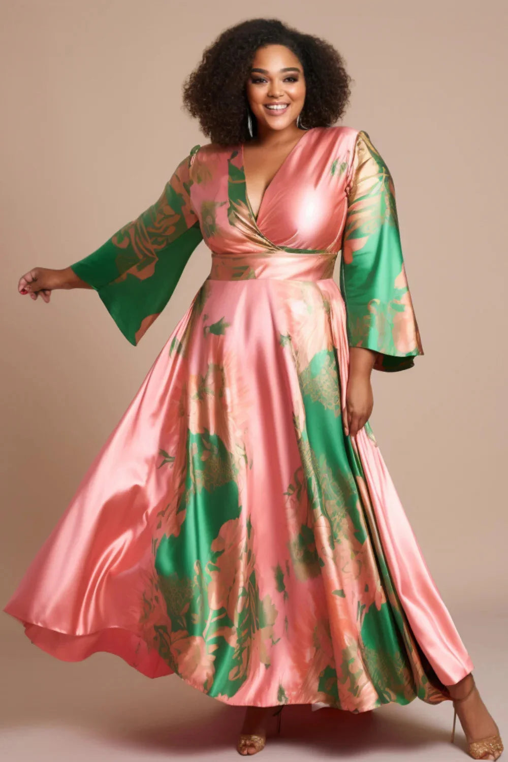 Women‘s Plus Size Satin Dress Pink Color block Flare Long Sleeve  V-Neck Maxi Dresses