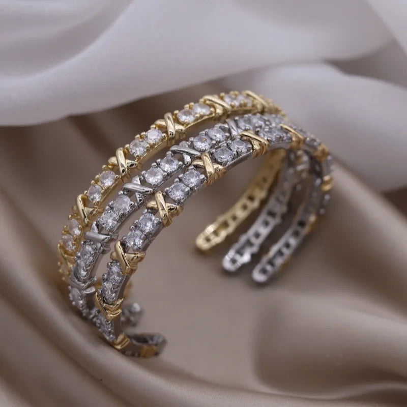 Elegant Women's Two-Color Gold , Silver and Multi Gold and silver Letter X Bracelet Fashionable French Design Accessory Cubic Zirconia Cuff
