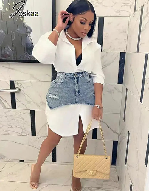 Load image into Gallery viewer, Solid Lapel Long Sleeve Single Breasted Shirt Dress and Irregular Denim Skirt