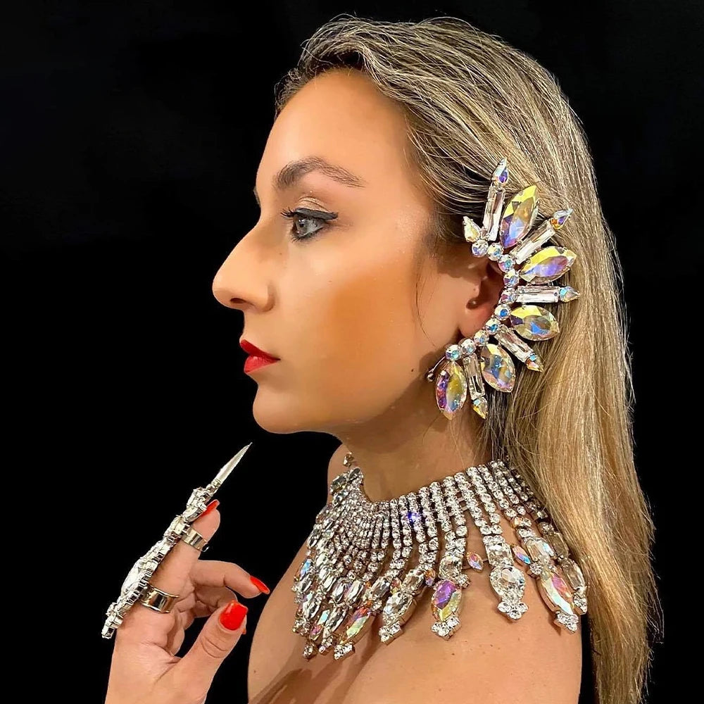 Large Shiny Rhinestone Crystal Statement Clip Earrings for Women Exaggerate Ear Cuff No Piercing Fashion Jewelry