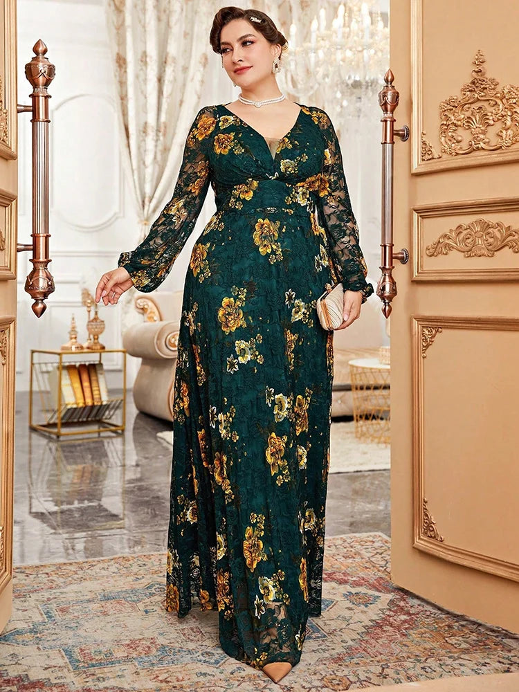 Spring Summer Lace Mesh Floral Print Lantern Sleeve Dress New Plus Size
