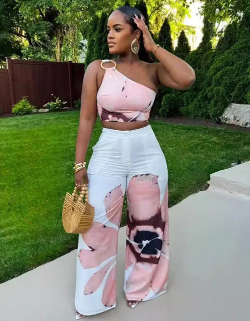 Load image into Gallery viewer, Floral Print Summer Two Piece Set Women Holiday One Shoulder Crop Top and Loose Wide Leg Pants