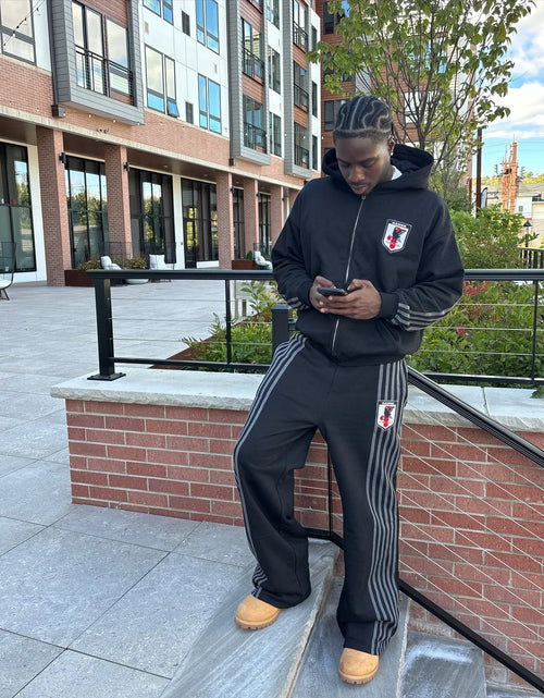 Load image into Gallery viewer, Zip Hooded Sweatpants Set Men Two Piece Hip Hop Embroidered Vintage Stripe Oversized Hooded Sweatshirt Casual Pants Set