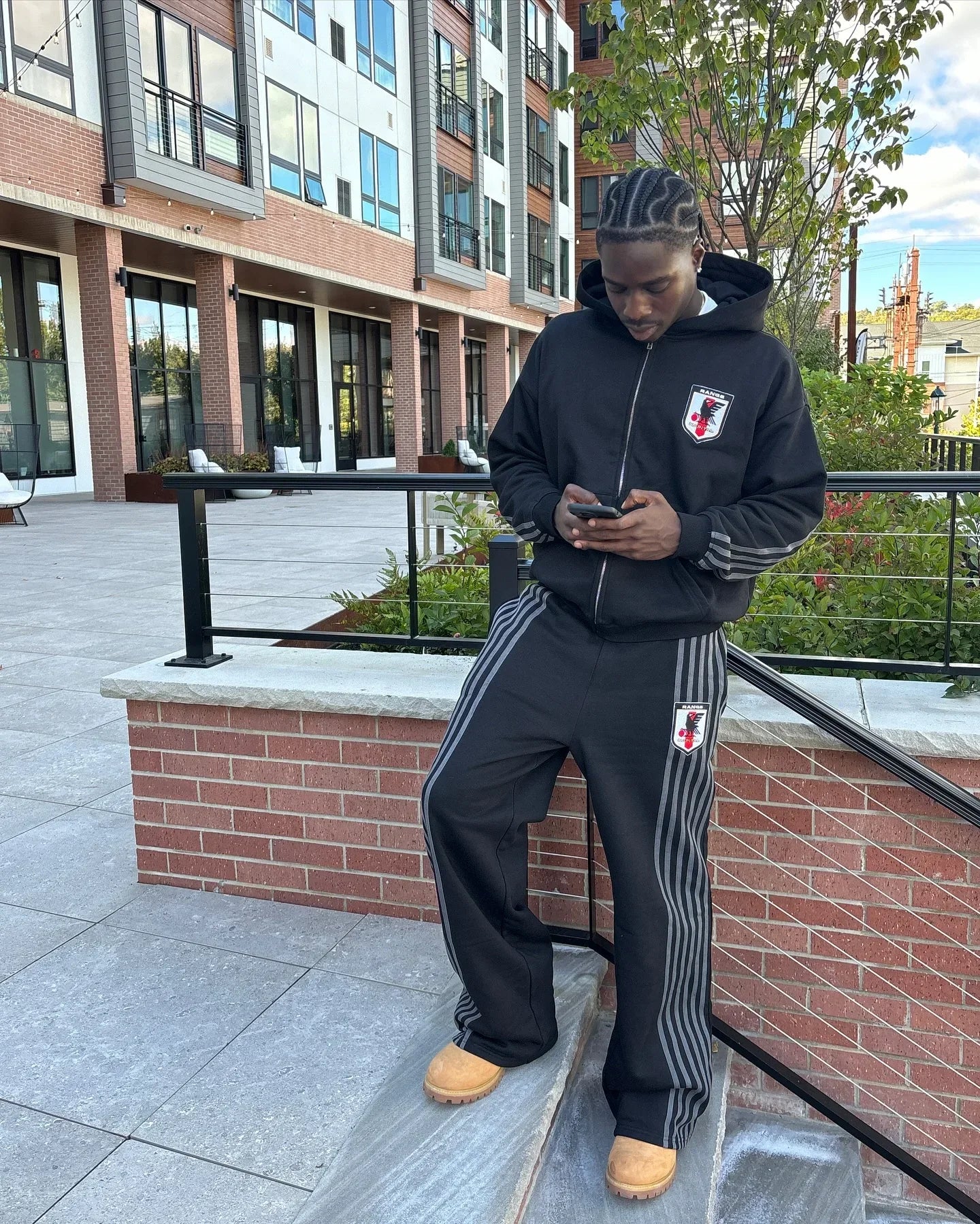 Zip Hooded Sweatpants Set Men Two Piece Hip Hop Embroidered Vintage Stripe Oversized Hooded Sweatshirt Casual Pants Set
