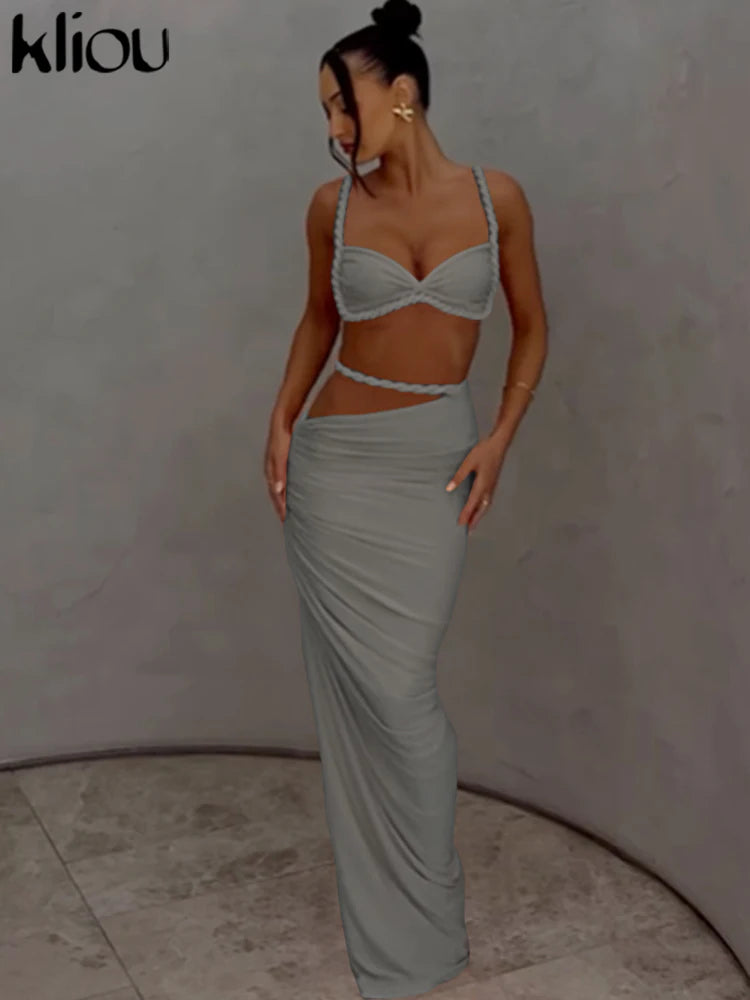 Woven Sexy Women 2 Piece Set Stunning Hot Solid Pleated Crop Camisoles High Waist Maxi Skirt