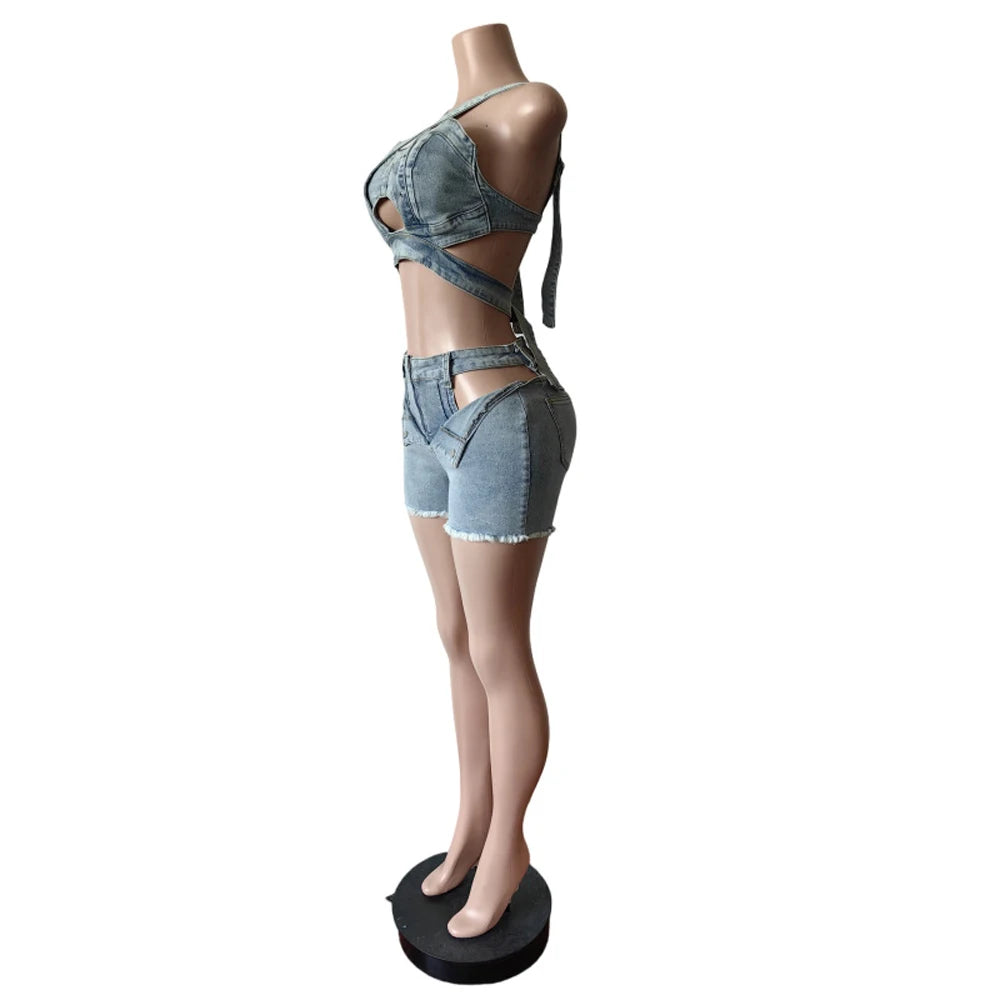 Sexy Jean Women Short Sets Straps Denim Crop Top and Cut Out Shorts Set 2025 Summer Clothes Streetwear Two 2 Piece  Outfits