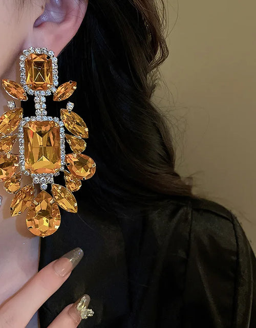 Load image into Gallery viewer, Women's Orange Rhinestone Geometric Dangle Earrings Retro Exaggerated Drop Earrings
