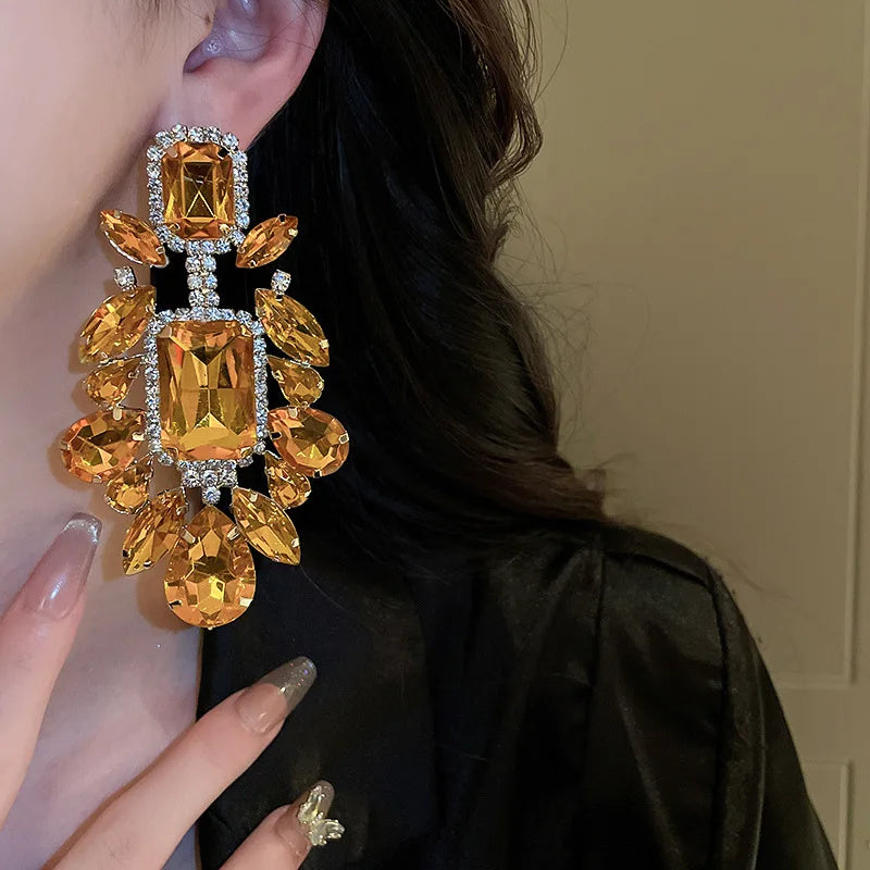Women's Orange Rhinestone Geometric Dangle Earrings Retro Exaggerated Drop Earrings