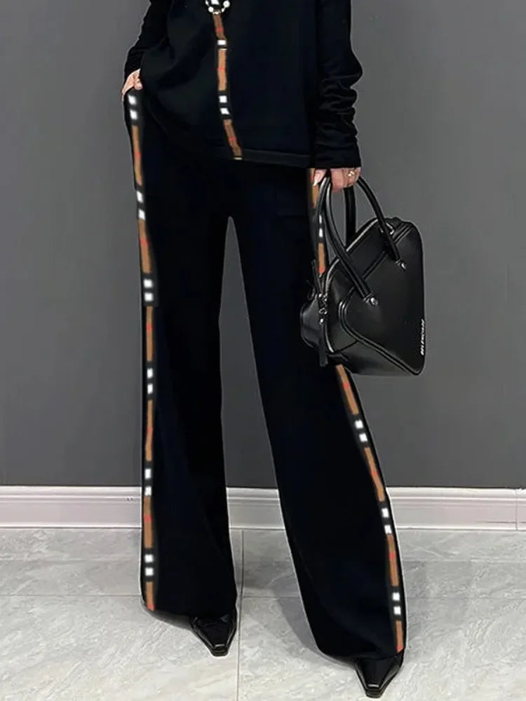 2025 Spring New Women's Long Pants Elastic High Waist Wide Leg Trousers Side-striped Casual Streetwear Commuter Pants