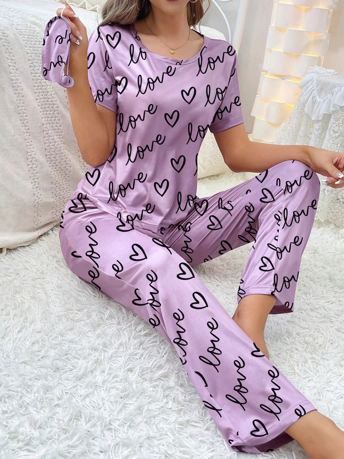 women's home wear short sleeve trousers pajamas love pattern casual and comfortable