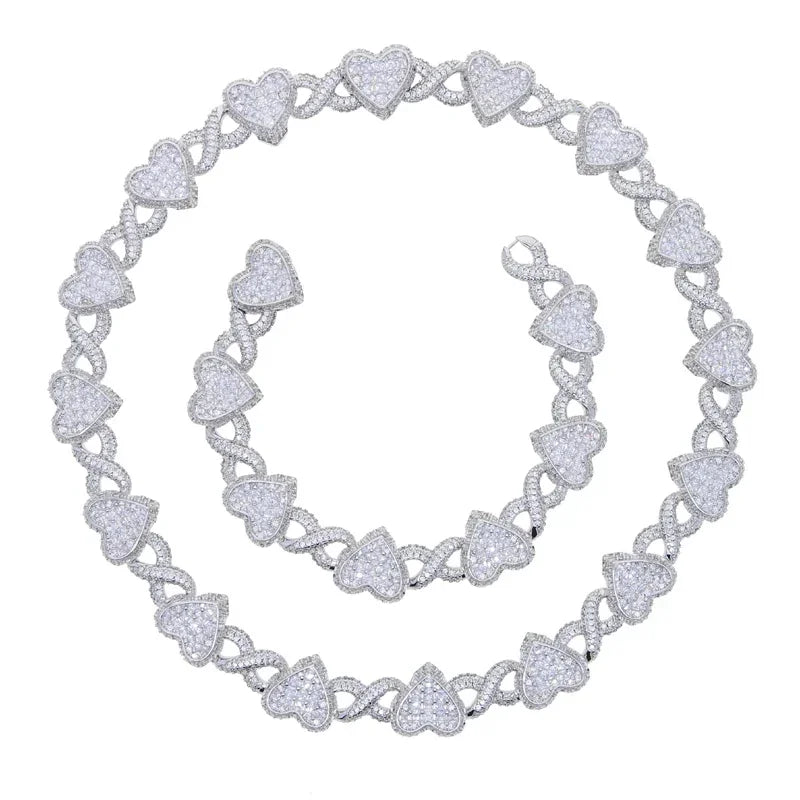 2025 Iced Out Bling Full Paved 5A Cubic Zirconia CZ Heart Charm Infinity Chain Choker Necklace Jewelry