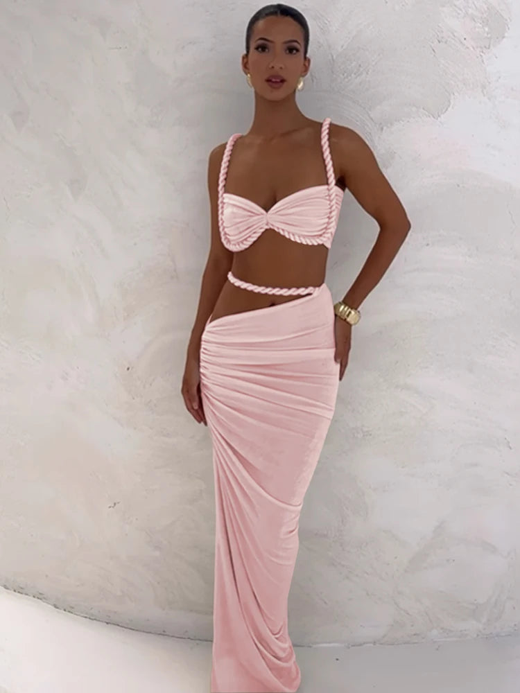 Woven Sexy Women 2 Piece Set Stunning Hot Solid Pleated Crop Camisoles High Waist Maxi Skirt