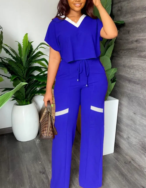 Load image into Gallery viewer, Elegant Women's Casual Short Sleeve T-shirt Sports Suit Summer Fashion Solid V Neck Short Top & Straight Pants Two Piece Sets