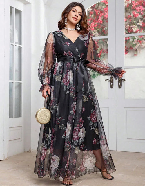 Load image into Gallery viewer, 2025 New Spring Women's Casual Elegant Long Sleeve Party Maxi Dresses Plus Size Floral Print V-Neck Mesh Patchwork Dress