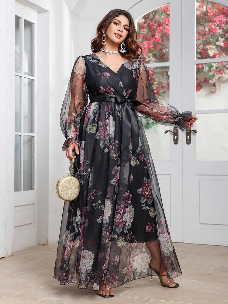 2025 New Spring Women's Casual Elegant Long Sleeve Party Maxi Dresses Plus Size Floral Print V-Neck Mesh Patchwork Dress
