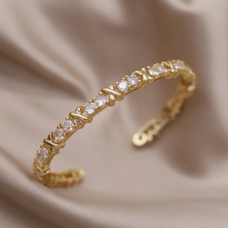 Elegant Women's Two-Color Gold , Silver and Multi Gold and silver Letter X Bracelet Fashionable French Design Accessory Cubic Zirconia Cuff