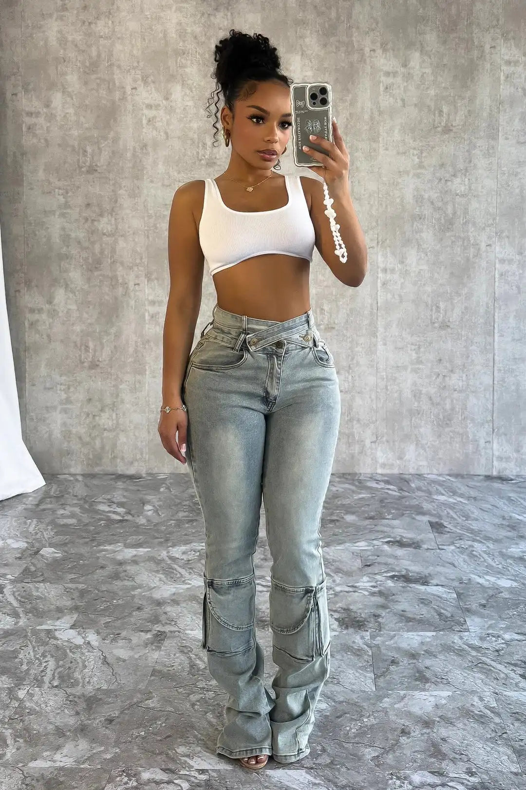 Women's High Waist Cargo Pants Multi Pockets Elegant Streetwear Denim Casual Blue Jeans Full Length S-XL