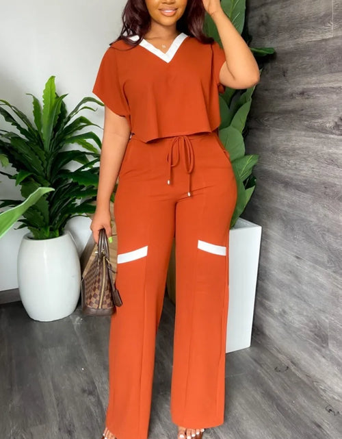 Load image into Gallery viewer, Elegant Women's Casual Short Sleeve T-shirt Sports Suit Summer Fashion Solid V Neck Short Top & Straight Pants Two Piece Sets