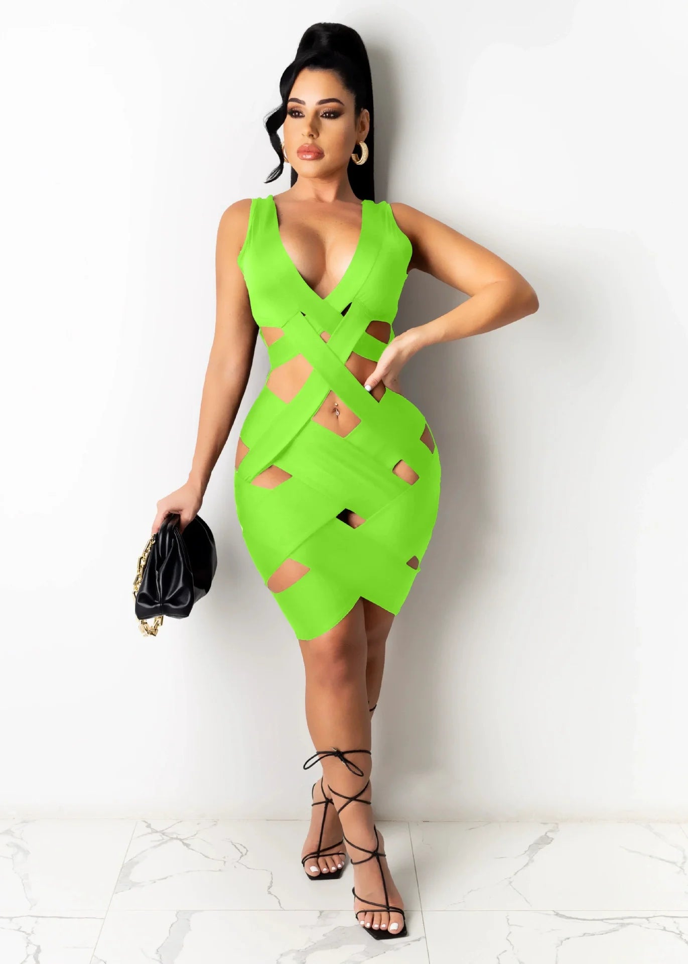 Sleeveless Tight Dress Hollow Out Sheath Mini Black Sexy Bodycon Dress Women