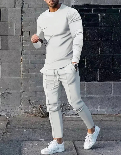 Load image into Gallery viewer, 2025 Spring New Men's Casual Sport Two-pieces Fashion Solid Long Sleeve O-neck T-shirt and Sweatpants Suits Men Tracksuit Outfit