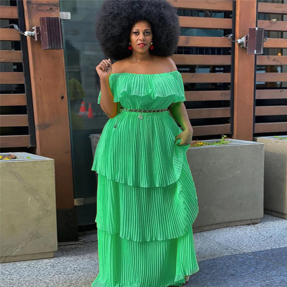 Plus Size  Dress Women Solid Off Shoulder Pleated  Fashion Chiffon Maxi Dresses