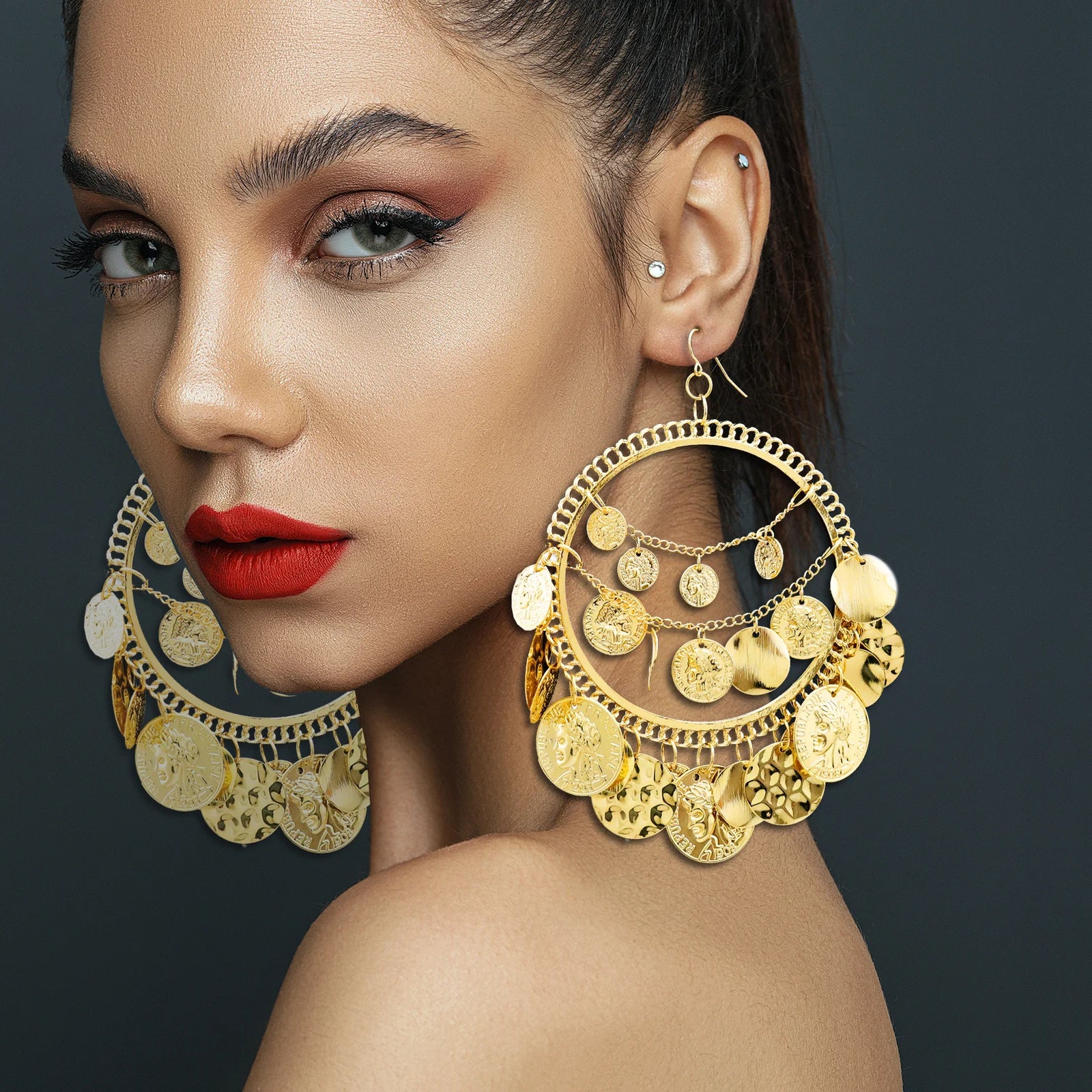 Vintage Tribal Coins Big Hoop Banjara Belly Dance Gypsy Earrings