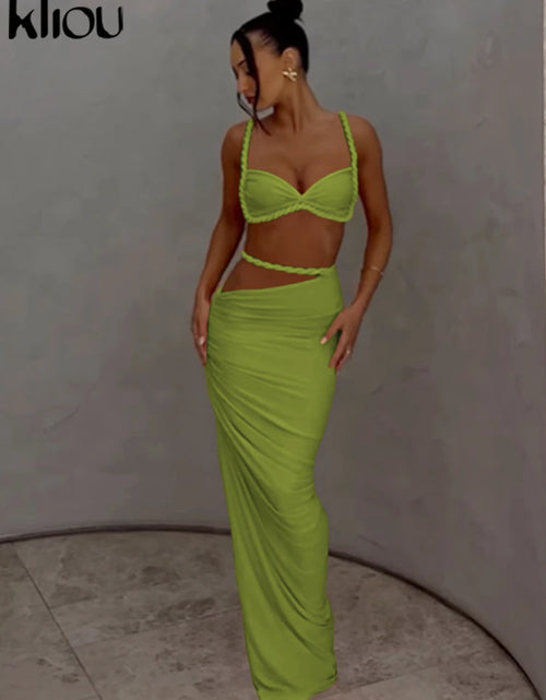 Load image into Gallery viewer, Woven Sexy Women 2 Piece Set Stunning Hot Solid Pleated Crop Camisoles High Waist Maxi Skirt