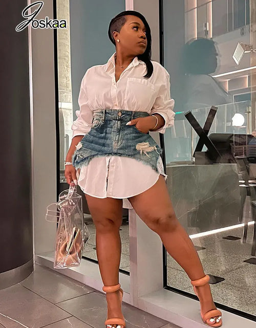 Load image into Gallery viewer, Solid Lapel Long Sleeve Single Breasted Shirt Dress and Irregular Denim Skirt