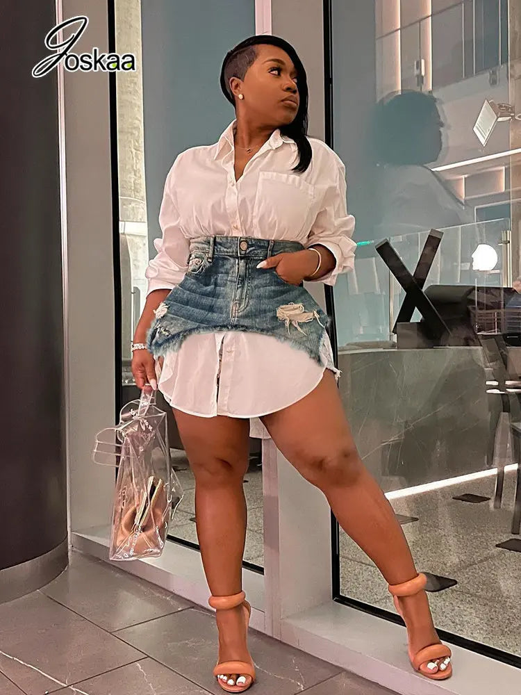 Solid Lapel Long Sleeve Single Breasted Shirt Dress and Irregular Denim Skirt