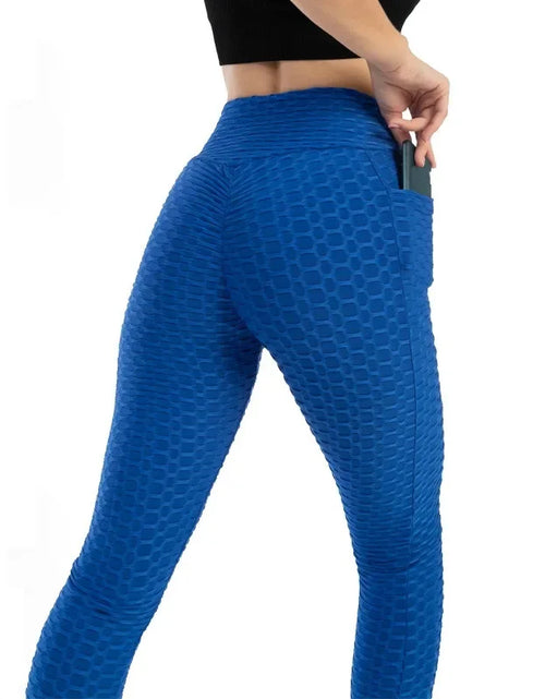 Load image into Gallery viewer, Women Fashion Pocket Bubble Pants Stretchy Slim Leggings Gym Running Cycling Fitness Pants High Waist Hip Lift Leggings Female