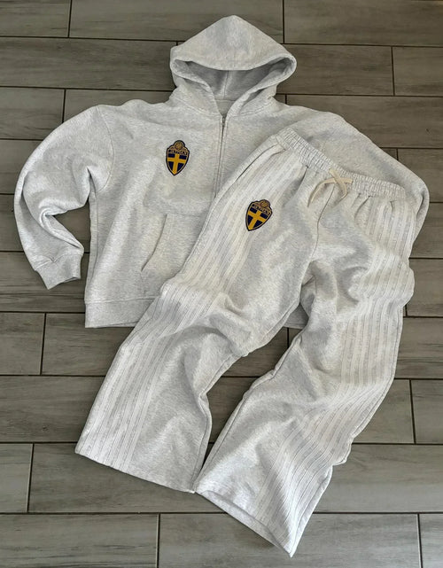 Load image into Gallery viewer, Zip Hooded Sweatpants Set Men Two Piece Hip Hop Embroidered Vintage Stripe Oversized Hooded Sweatshirt Casual Pants Set