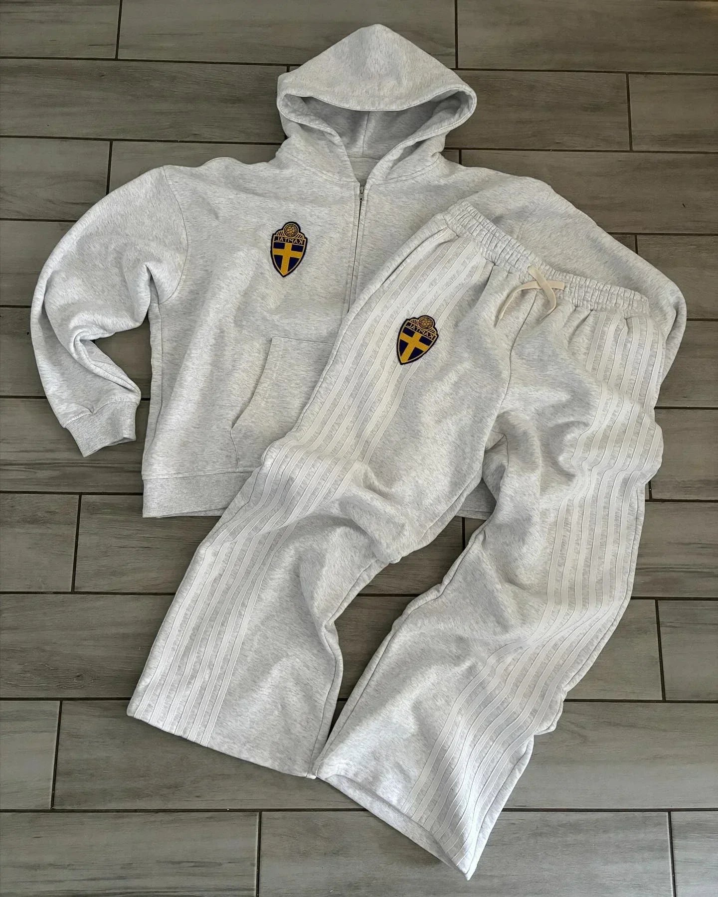 Zip Hooded Sweatpants Set Men Two Piece Hip Hop Embroidered Vintage Stripe Oversized Hooded Sweatshirt Casual Pants Set