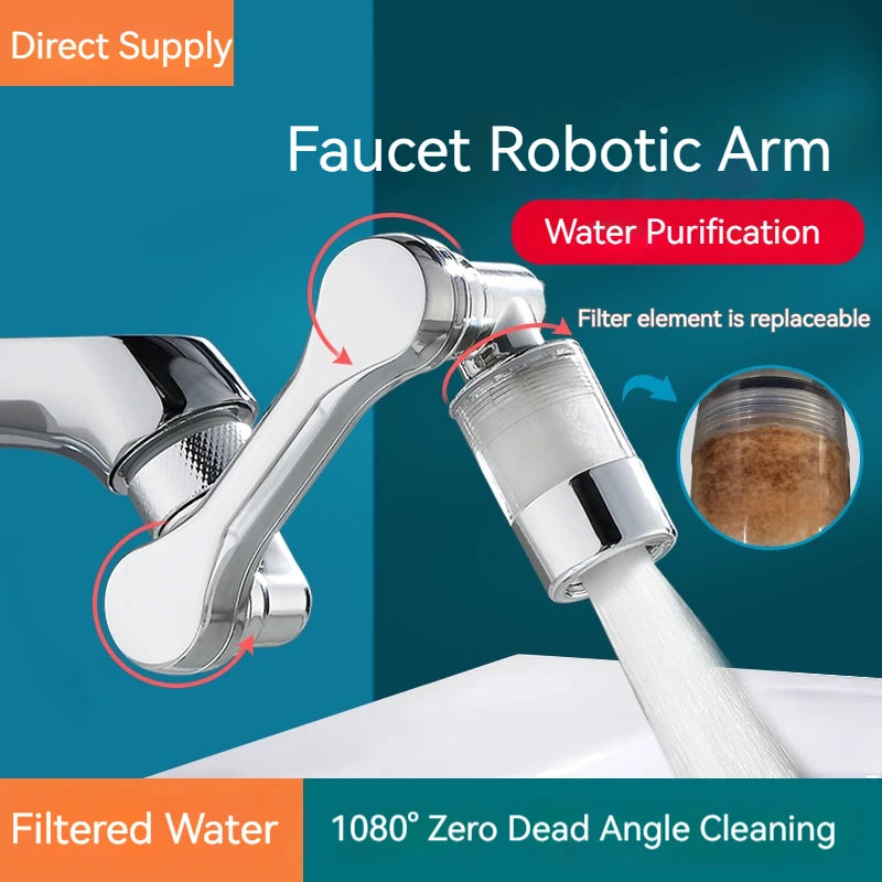 1080° Rotating Water Purification Filter Plastic Faucet Mechanical Arm Spray Head Kitchen Washbasin Extension Tap Aerator Universal
