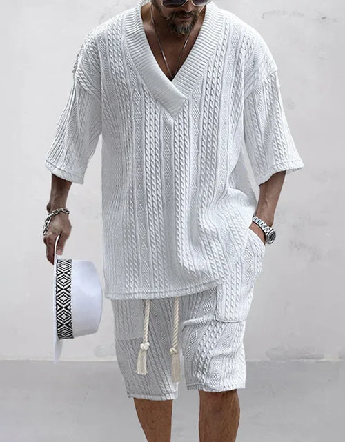 Load image into Gallery viewer, 2025 Casual Shorts Set Knitted Two Piece Men's Clothing V-Neck Short Sleeve T-shirt and Shorts Streetwear Knit Outfits