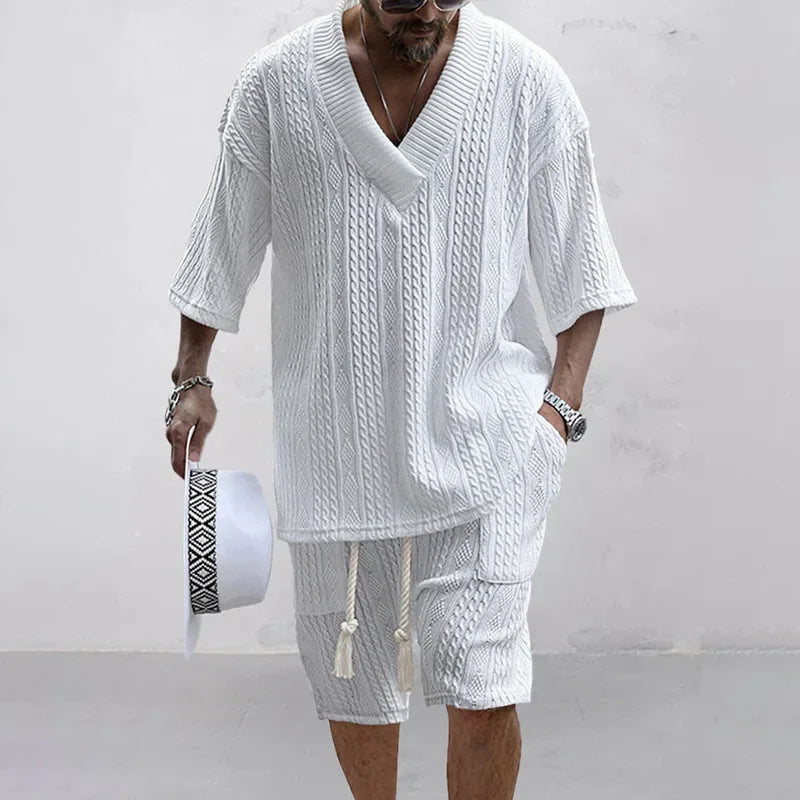 2025 Casual Shorts Set Knitted Two Piece Men's Clothing V-Neck Short Sleeve T-shirt and Shorts Streetwear Knit Outfits