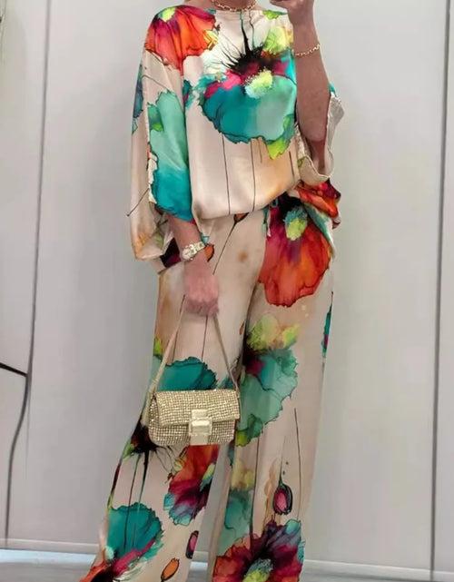Load image into Gallery viewer, Casual Sets for Women 2 pieces Summer Fashion Printed Satin Two Piece Sets Women Sexy Round Neck Top+Wide Leg Long Pants Outfits