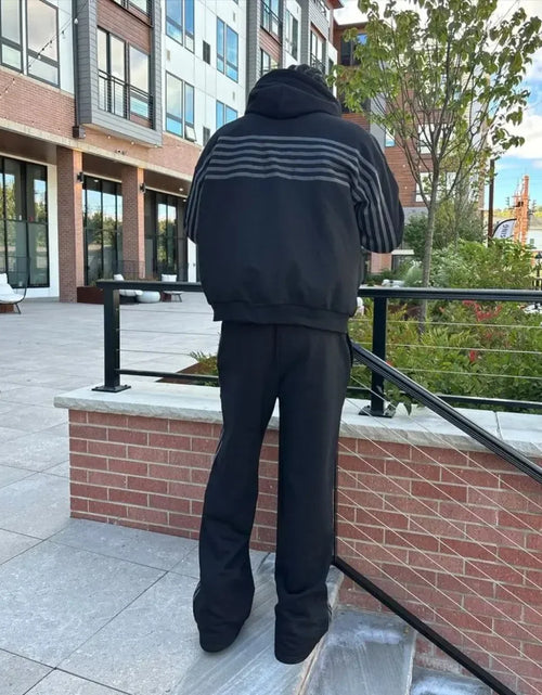 Load image into Gallery viewer, Zip Hooded Sweatpants Set Men Two Piece Hip Hop Embroidered Vintage Stripe Oversized Hooded Sweatshirt Casual Pants Set